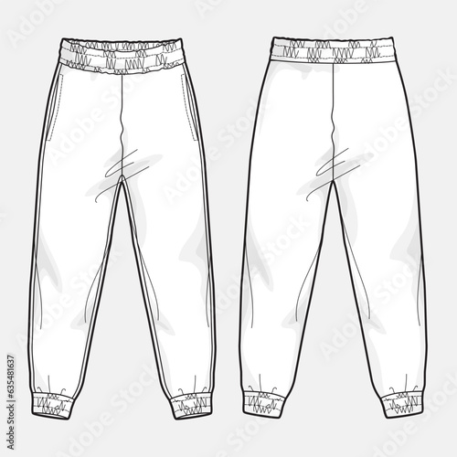 Sweatpants technical drawing fashion flat sketch vector illustration template front and back views.
