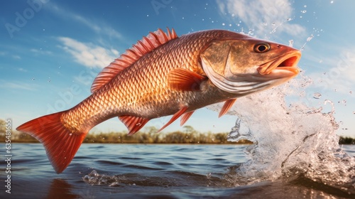 Redfish jumping out of river water. AI generative. © vadymstock