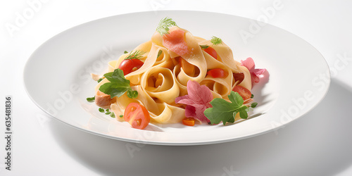 Homemade tagliatelle pasta on a plate on white background. Italian food.