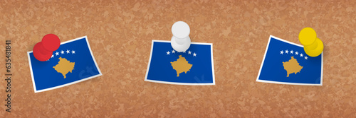 Kosovo flag pinned in cork board, three versions of Kosovo flag.