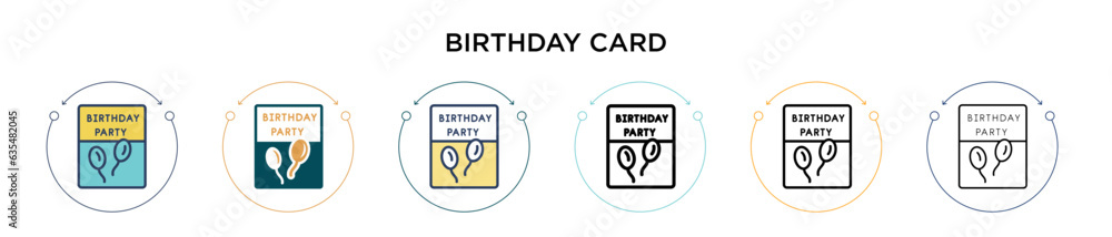 Birthday card icon in filled, thin line, outline and stroke style. Vector illustration of two colored and black birthday card vector icons designs can be used for mobile, ui, web