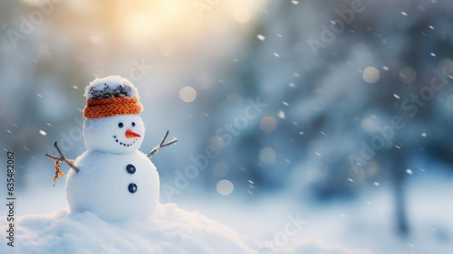 Snowman in winter landscape against bokeh forest background.