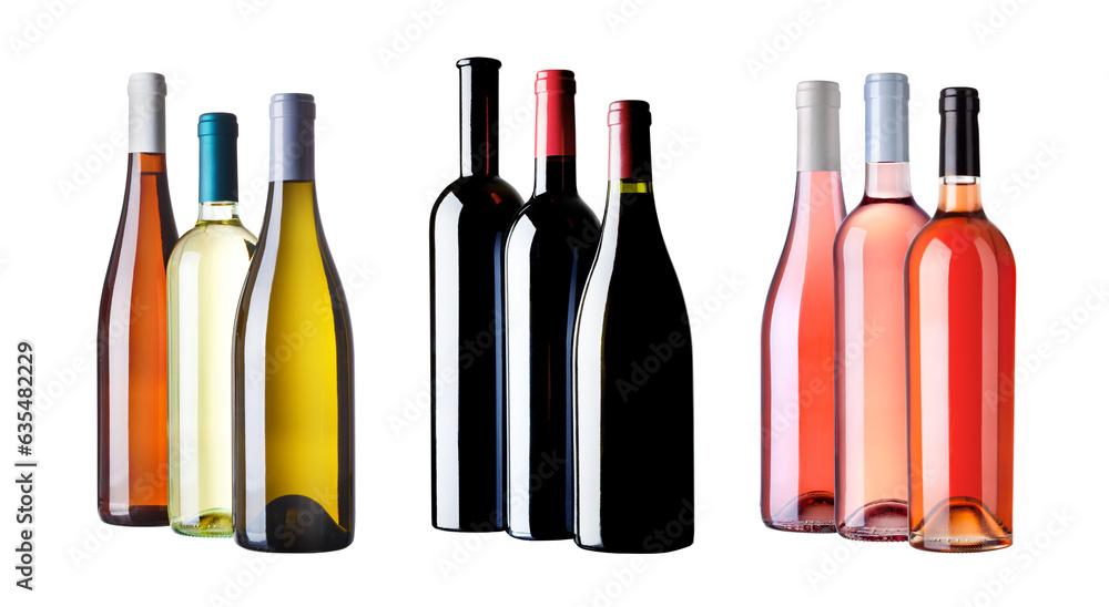 white red and rosé wine bottles - obrazy, fototapety, plakaty 