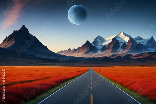 A futuristic landscape with an asphalt road going off in the distance to a mountain range, in the sky hangs a huge moon, orange fields
