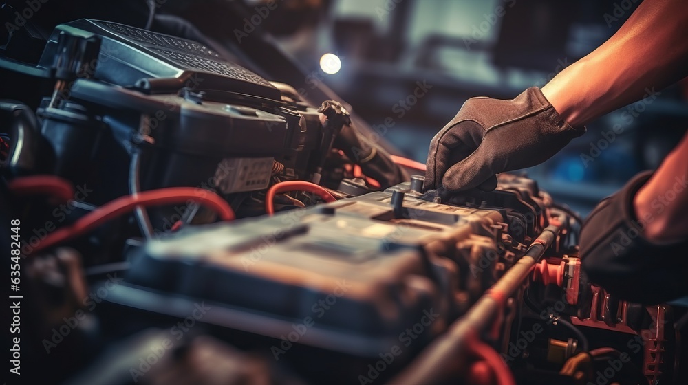 Obraz premium Technician Hands of car mechanic working repair in auto repair Service electric battery and Maintenance of car battery. AI generative.