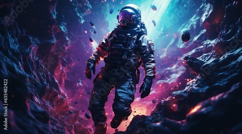 Astronaut on rock surface with space background ,astronaut walk on the moon wear cosmosuit. future concept, Astronaut on foreign planet in front of spacetime portal . © Яна Деменишина