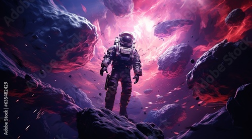 Astronaut on rock surface with space background ,astronaut walk on the moon wear cosmosuit. future concept, Astronaut on foreign planet in front of spacetime portal .