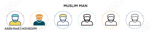 Muslim man icon in filled, thin line, outline and stroke style. Vector illustration of two colored and black muslim man vector icons designs can be used for mobile, ui, web
