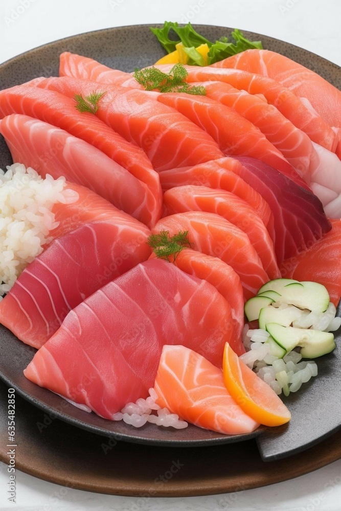 a plate of raw fish and rice
