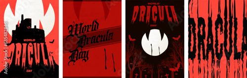 World Dracula Day Poster Set. Minimalist Vampire bite with dripping blood, Dracula typographic design, silhouette of Dracula's castle and moon with vampire fangs. Vector Illustration.