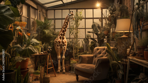 A giraffe standing awkwardly in a room. Feeling out of place and socially awkward. Advertising and marketing concept. Strange situation.