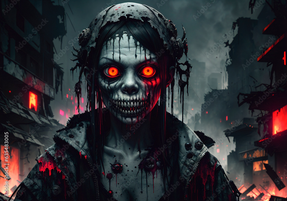 Zombie woman in the city at night. Halloween. Horror. Generative AI. Zombie woman in the city at night. Halloween. Horror. Generative AI.
