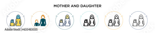 Mother and daughter icon in filled, thin line, outline and stroke style. Vector illustration of two colored and black mother and daughter vector icons designs can be used for mobile, ui, web
