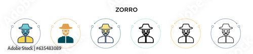 Zorro icon in filled, thin line, outline and stroke style. Vector illustration of two colored and black zorro vector icons designs can be used for mobile, ui, web