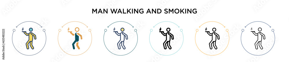 Man walking and smoking icon in filled, thin line, outline and stroke style. Vector illustration of two colored and black man walking and smoking vector icons designs can be used for mobile, ui, web