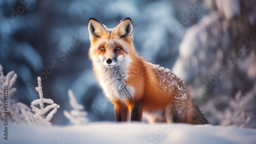 Red fox in snowy winter landscape against blurred forest background. 