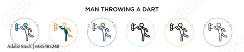 Man throwing a dart icon in filled, thin line, outline and stroke style. Vector illustration of two colored and black man throwing a dart vector icons designs can be used for mobile, ui, web