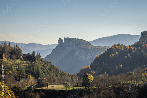 Scenic landscape around the village of Rupit in Spain, green hills and mountains  photo