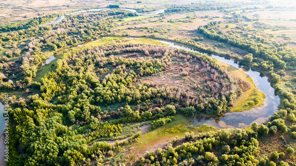 a beautiful river in the steppe. top view of the river