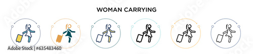 Woman carrying icon in filled, thin line, outline and stroke style. Vector illustration of two colored and black woman carrying vector icons designs can be used for mobile, ui, web