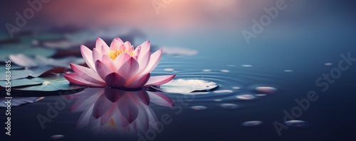 Zen lotus flower on water, meditation concept banner. AI generative.