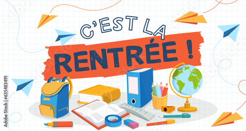 Rentrée scolaire - Bandeau - Bannière - Illustrations vectorielles éditable sur le thème de l'école - Titre et outils de travail, fournitures scolaires colorées - Reprise des cours - Éducation 
