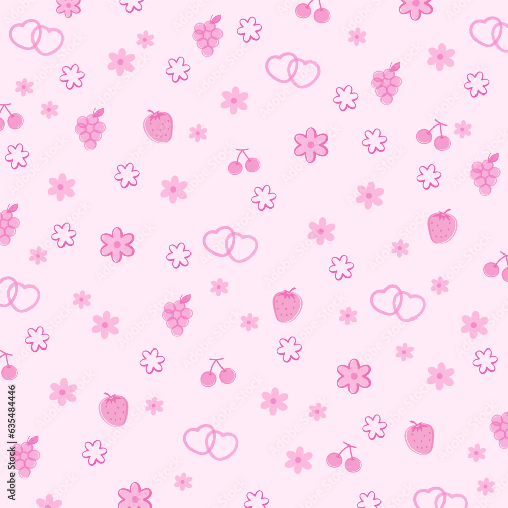Pastel pink background, wallpaper, banner, ad template, print, gift wrap with fruits, heart, flowers. For decoration, fabric print, product packaging, Valentine's day special pattern, etc.
