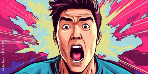 energetic asian man shouts amid vibrant pop art chaos, Generative AI