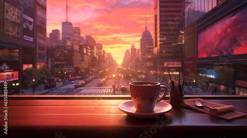 cup of coffee on a table facing a city with sunset view over city Colorful Lofi anime style cute relaxing happy vibe