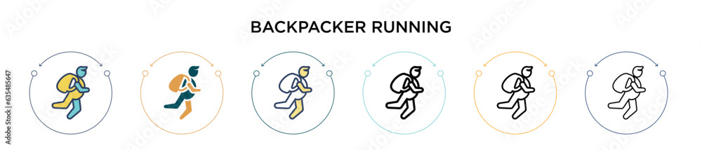 Backpacker running icon in filled, thin line, outline and stroke style. Vector illustration of two colored and black backpacker running vector icons designs can be used for mobile, ui, web