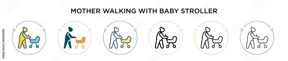 Mother walking with baby stroller icon in filled, thin line, outline and stroke style. Vector illustration of two colored and black mother walking with baby stroller vector icons designs can be used