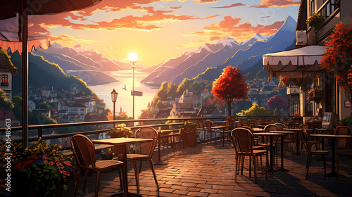 outdoor restaurant and cafe with seating tables outside with beautiful mountains and lake views Colorful Lofi anime style cute relaxing happy vibe