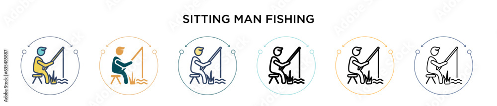 Sitting man fishing icon in filled, thin line, outline and stroke style. Vector illustration of two colored and black sitting man fishing vector icons designs can be used for mobile, ui, web