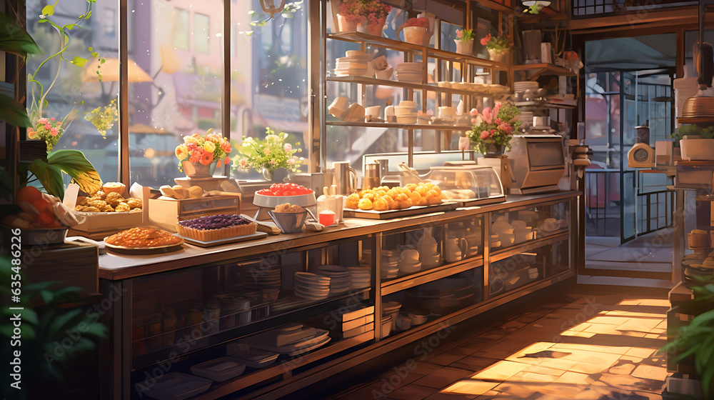 inside bakery shop full of bakeries, breads, cakes , Colorful Lofi anime style cute relaxing happy vibe
