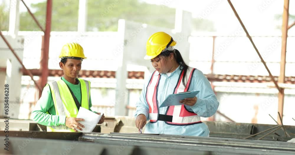 Specialists engineering female and construction asian man worker working at Prefabricated concrete walls factory. Safety hard hat helmet Specialists engineering female and construction asian man worker working at Prefabricated concrete walls factory. Safety hard hat helmet