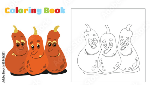 Coloring for children and adults. Three pumpkins among the branches. Pumpkins have faces, eyes, and mouths. Halloween character design.