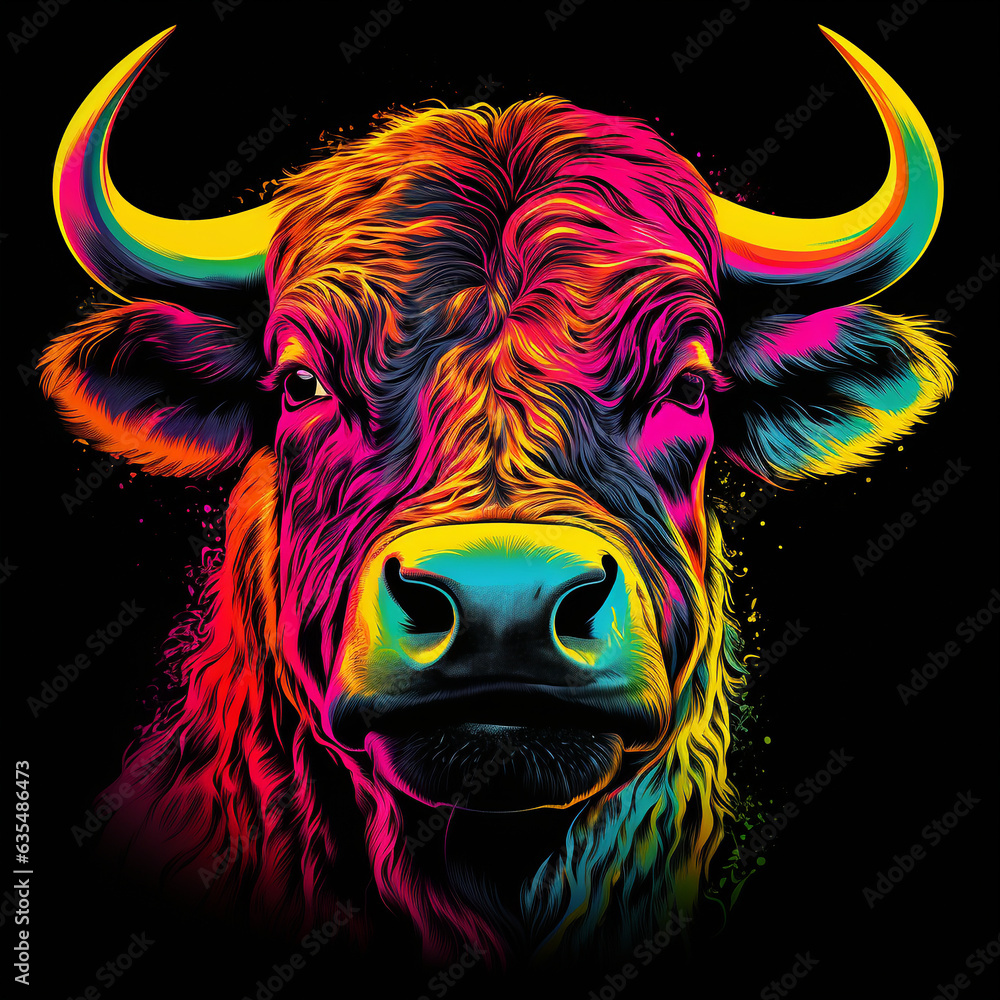 Black bull neon colored, street art, neon, black bull, generative ai Black bull neon colored, street art, neon, black bull, generative ai