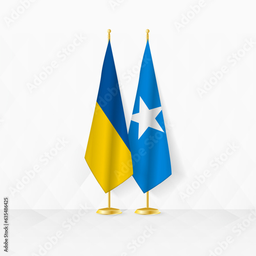 Ukraine and Somalia flags on flag stand, illustration for diplomacy and other meeting between Ukraine and Somalia.