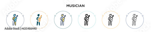Musician icon in filled, thin line, outline and stroke style. Vector illustration of two colored and black musician vector icons designs can be used for mobile, ui, web