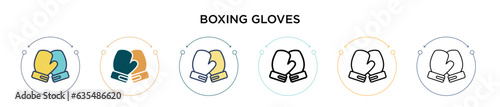 Boxing gloves icon in filled, thin line, outline and stroke style. Vector illustration of two colored and black boxing gloves vector icons designs can be used for mobile, ui, web