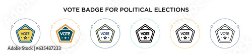 Vote badge for political elections icon in filled, thin line, outline and stroke style. Vector illustration of two colored and black vote badge for political elections vector icons designs can be used