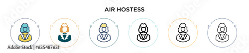 Air hostess icon in filled, thin line, outline and stroke style. Vector illustration of two colored and black air hostess vector icons designs can be used for mobile, ui, web