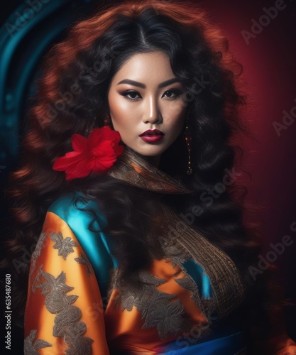 a asian woman with voluminous thick wavy hair, post-apoc Geisha Aesthetic