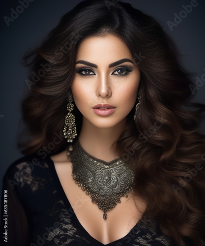  Iranian girl, Striking eyes, voluminous wavy hair red lipstick on her face and a black background 