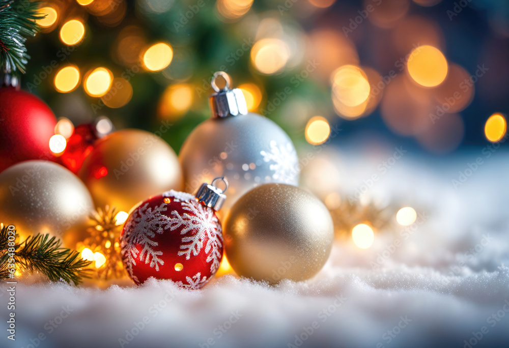 Christmas background with spruce branches decorated with Christmas baubles, snowflakes, and lights. Christmas background with spruce branches decorated with Christmas baubles, snowflakes, and lights.