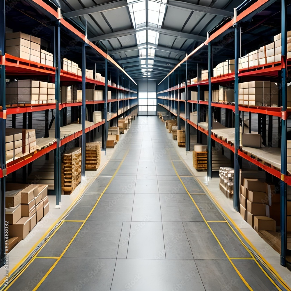 A large warehouse with numerous items. Rows of shelves with boxes. Logistics. Inventory control, order fulfillment or space optimization. Illustration for advertising, marketing or presentation AI