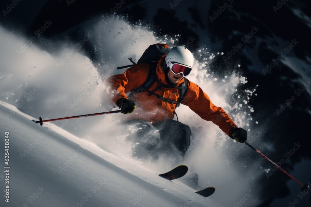 Man skier wearing on orange equipment in the mountains. Portrait of a young male athlete skier in a ski tour on skis on the background of snow-capped mountains on a sunny day. Skitour professional 