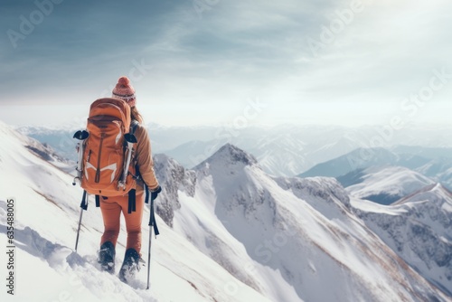 Woman with backpack hiking Lifestyle adventure concept mountains and lake on background active vacations into the wild. Winter and snowy weather season. Copy space place 