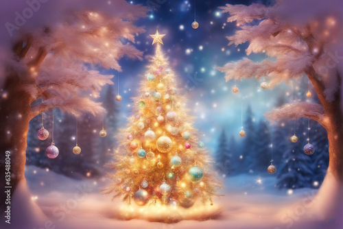 Christmas background with shiny balls, Christmas tree and blurred lights. © Cobalt