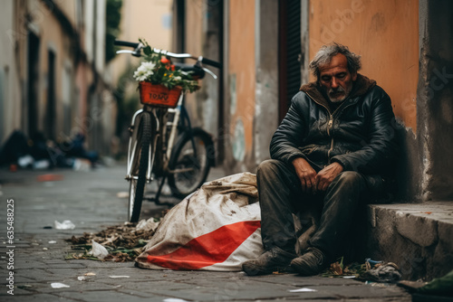 Homeless man sleeps on the pavement in the Italy hiding behind the Italian flag 